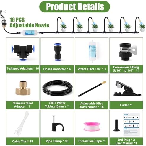 Kalolary 1/4" Drip Irrigation System, Garden Watering System with 16pcs Adjustable Copper Nozzles Automatic Atomizing Watering Sprinkler System for Yard Lawn Outdoor Irrigation