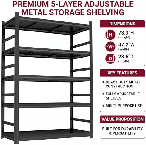 Heavy Duty Garage Shelving 5 Tier Adjustable Metal Storage Rack