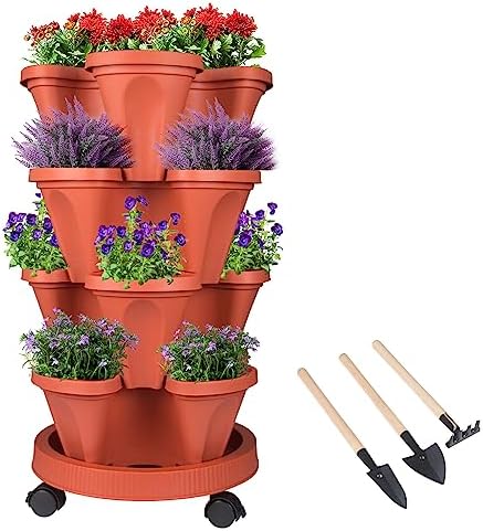 GameXcel Vertical Planter Tower - 4 Tier Stackable Garden Planters with Wheels and Tools Plant Pots for Strawberry Herb Flower and Vegetable Indoor Outdoor Use Red