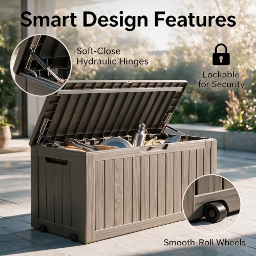 92 Gal Deck Box,Waterproof Resin Outdoor Storage Gas Lift,Lockable Grey