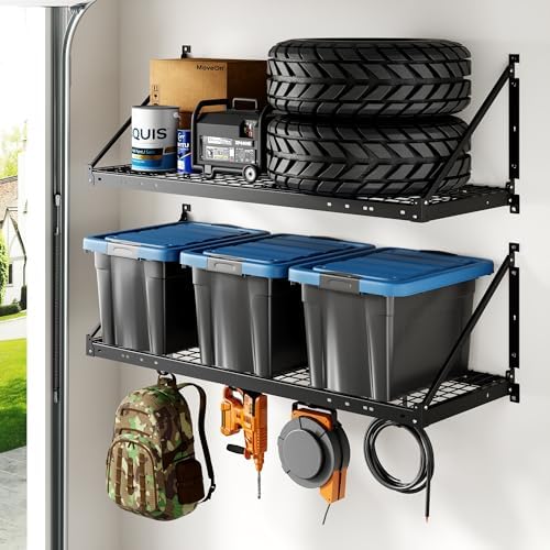 FLEXIMOUNTS 2-Pack 2x4 ft Garage Wall Shelving with 4 Hooks, Black