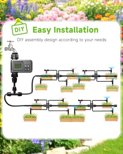 124FT Drip Irrigation System with LCD Timer, Automatic Watering System Kits,5/16 Inch Hose 1/4 Inch Distribution Tubing 3 Sprayer Types, for Garden, Greenhouse, Garden, Lawn