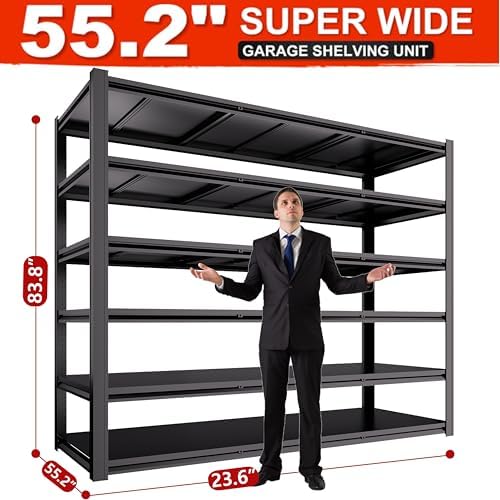 Extra Large 84" Hx 55.12" Wide x 24" D Adjustable Industrial Metal/Steel 6-Shelf-Storage-Rack Heave Duty Utility Tall Garage/Warehouse Shelving Shelves Unit/System for Bin/Shed, Black