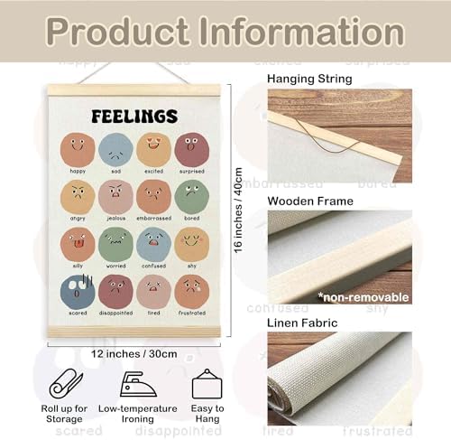 TLESKE Boho Classroom Feelings Emotions Chart Poster Hanger Frame for Toddlers Kids, Homeschool Hanging Wall Art Room Decor for Nursery Playroom, Preschool Prek Learning Educational Poster, 12x16
