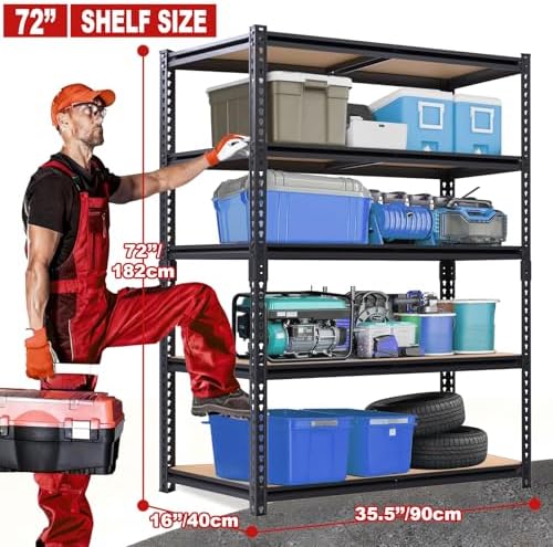 Storage Shelving Unit, 5 Tier Garage ShelvesHeavy Duty, Adjustable Metal Shelving Unit,2400LBS Black forPantry, Basement, Warehouse, Kitchen, Pantry and Closet,72" H