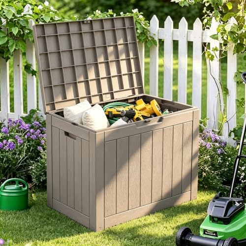 32 Gal Outdoor Storage Box Waterproof Lockable,Deck Box,Medium Gray