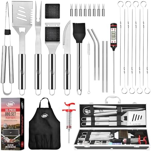 Kaluns 32 Psc Grilling Accessories, Dad Gifts for Fathers Day, Heavy Duty Stainless Steel Grill Set BBQ Grill Accessories for Outdoor Grill with Aluminum Case and Apron, Best Gifts for Men