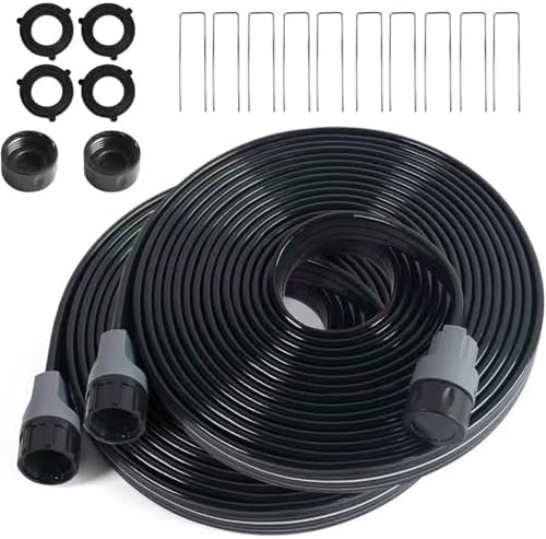 2-Pack Sprinkler Hose with Holes 15 Ft, Flat Soaker Hose 30 ft with Garden Staples, Drip Irrigation Hoses for Lawn, Watering Hose System (Black, 30 ft(15ftx2pack))