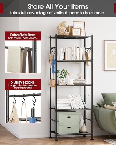 Sakugi 5-Tier Storage Rack Organizer with Hooks, Heavy Duty Metal Garage Rack with Leveling Feet, Freestanding Utility Rack for Bedroom, Balcony and Garage, 18.1"×12.4"×56.8", Black