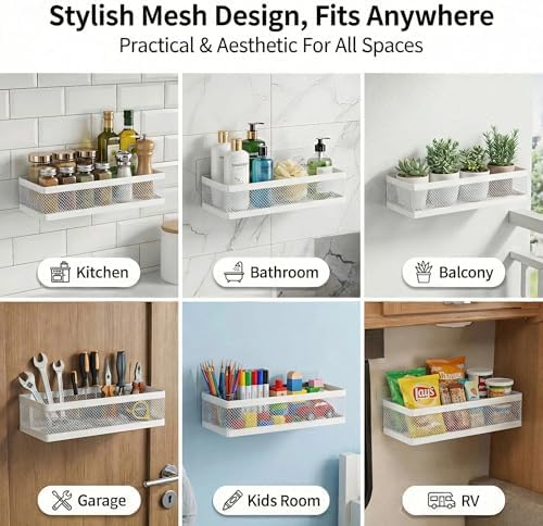 PUSDON Mesh Shower Caddy Wall Mount, Heavy Duty Adhesive Bathroom Shelf Organizer, Rustproof Floating Spice Rack for Kitchen Pantry, Holds 50 LBS, Multi-Purpose Storage White-2 Packs (Netting)