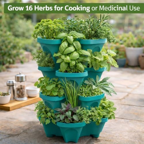 Large Vertical Planter Tower, 4 Tier Stackable Garden Planter, 16 Plant Sites, Heavy Duty Strawberry Planter, Vertical Growing System with Center Hole, Made in USA (Mineral Teal, Large)