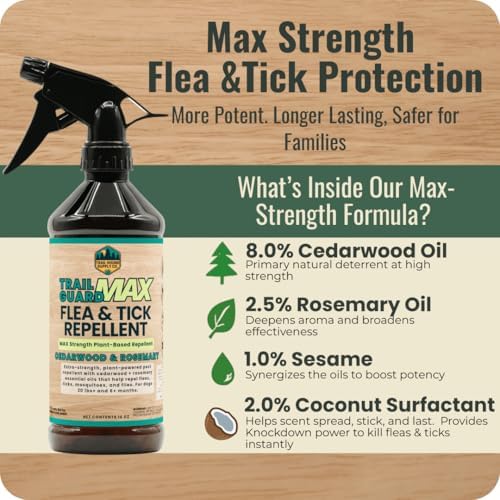 Trail Guard MAX - Natural Extra Strength Insect, Flea and Tick Spray for Dogs, People & Home (16oz MAX Strength, Cedarwood & Rosemary)