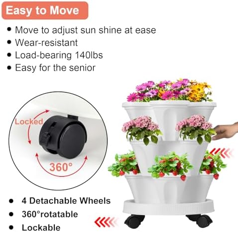 GameXcel Vertical Planter Tower - 3 Tier Stackable Garden Planters with Wheels and Tools Plant Pots for Strawberry Herb Flower and Vegetable Indoor Outdoor Use White