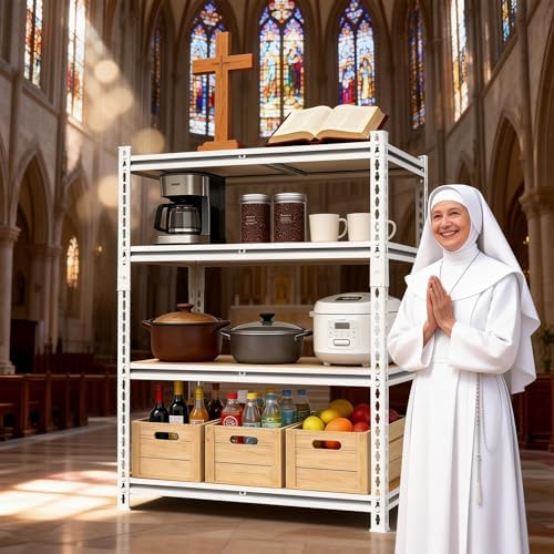 White 72"h *40.12"w*18"d Storage Shelves Shelving: Adjustable Metal+Wood 5-Heavy-Duty-Shelf (Unit)-Rack Industrial Utility Household Organizer/Systerm for Kitchen Pantry/Bedroom/Garage/Closet