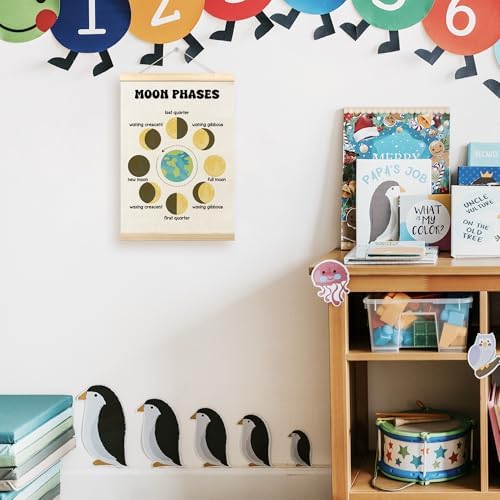 TLESKE Boho Classroom Moon Phases Chart Poster Hanger Frame for Kids, Homeschool Hanging Wall Art Room Decor for Toddlers Nursery Playroom, Preschool Prek Learning Educational Poster Prints, 12x16