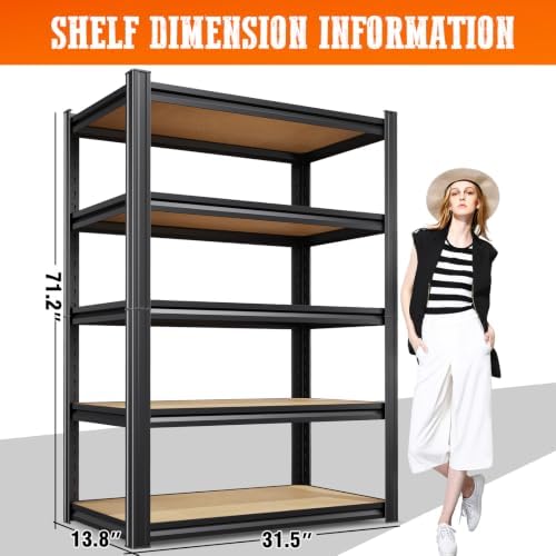 6 Pack Garage Shelving Heavy Duty Storage Shelves, Metal Adjustable Shelving Unit, Utility Garage Organizer Shelf for Basement, Pantry, Kitchen, Warehouse, 71.2" Hx31.5 Wx13.8 D, Black