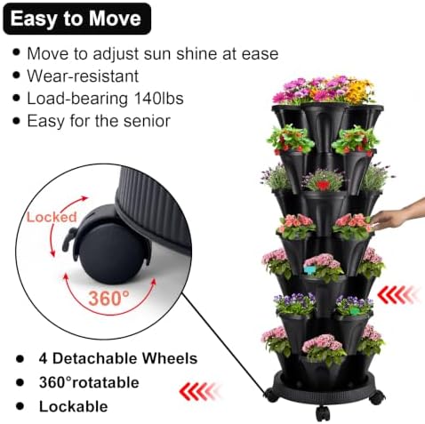 GameXcel Vertical Planter Tower - 7 Tier Stackable Garden Planters with Wheels and Garden Tool Set Plant Pots for Strawberry Herb Flower and Vegetable Indoor Outdoor Use Black