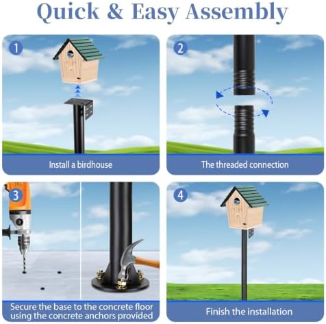 Bird Feeder Pole Heavy Duty 78" Tall, Rustproof Metal Birdhouse Pole with Concrete Flange Base, Tool-Free Threaded Assembly & Adjustable Height 32"-78" for Outdoor Birdhouse or Feeder