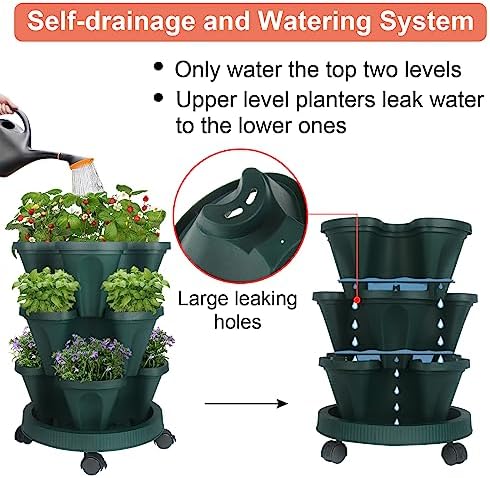 GameXcel Vertical Planter Tower - 3 Tier Stackable Garden Planters with Wheels and Tools Plant Pots for Strawberry Herb Flower and Vegetable Indoor Outdoor Use Green 2 Pack