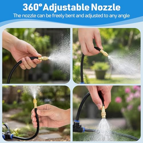 360° Adjustable Drip Irrigation System Kit, 50 FT Garden Watering System with 15 Copper Nozzles, Automatic Misting Sprinkler for Yard, Garden, Lawn, Raised Bed, Greenhouse and Plants