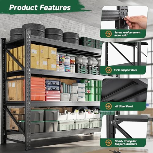 Letaya 8000LBS Storage Shelves Heavy Duty,75" W Garage Shelving Units, 4 Tier Adjustable Utility Rack Shelf,Large Metal Industrial Shelves,for Shop,Warehouse,Basement,Black (75" W x 24" D x 70" H)
