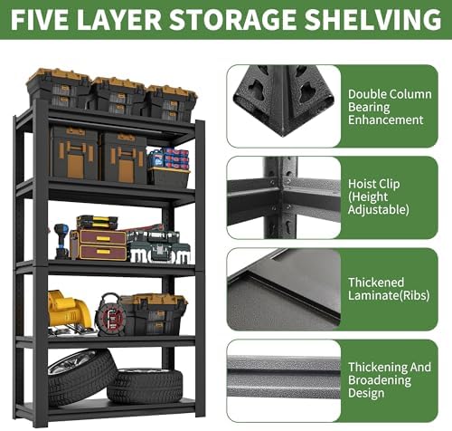 72" H Garage Shelving, Garage Shelves Heavy Duty, 5 Tier Adjustable Garage Storage Shelves for Warehouse, Basement, Workshop, Kitchen, Require Assembly, 16''D*36''W*72''H, Black