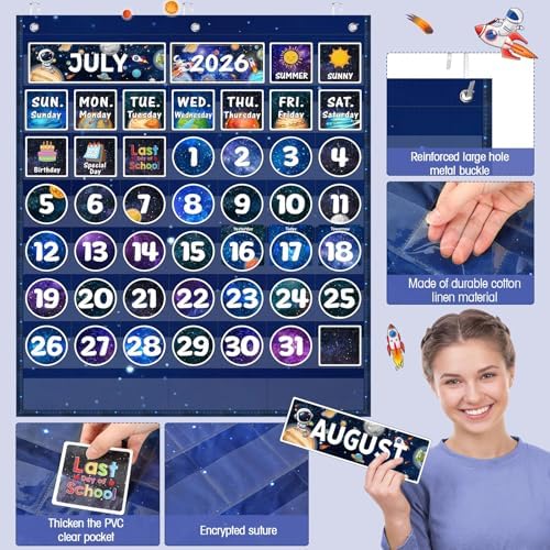 Sinload Classroom Calendar Pocket Chart Dark Blue, Space