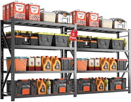 Metal Garage Shelving Unit, Heavy Duty Adjustable Industrial Storage Shelves, Steel Storage Rack for Garage, Warehouse, Basement, Black, 64.6" H x 67" W x 21.7" D, 5 Pack
