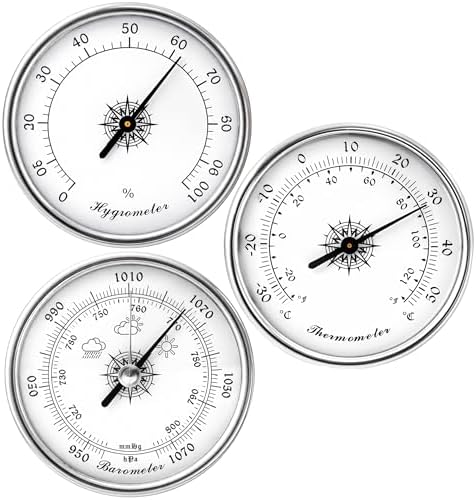 Analog Weather Station Barometer 3-in-1 Set, Silver Dial Type Traditional Barometers Hygrometer Thermometer, -30–50°C, Air Pressure Temperature Humidity Gauge 950 to 1070hPa, No Batteries Required
