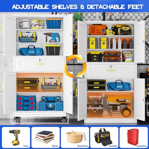 GAIOUS Metal Garage Storage Cabinet with Wheels and Drawer, Steel File Cabinet for Home Office, 74'' Tall Tool Cabinet with 4 Locking Doors and 3 Adjustable Shelves, Rolling Cabinet for Garage - White