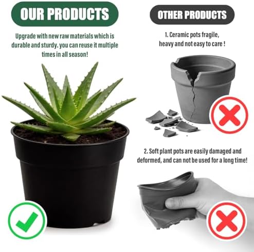 RooTrimmer 50 Pack 6 Inch Nursery Pots, Plastic Flower Pots, Thick Plant Pots with Drainage Hole for Planting Outdoor/Indoor Plants Succulent Herb (Black)