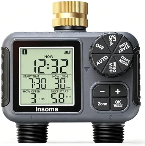 Insoma 2-Zone Sprinkler Timer with Brass Inlet, Water Hose Timer with Auto/Manual Modes + Rain Delay, Big LCD Display, for Garden, Yard Lawn, IPX5 Waterproof & Save Water