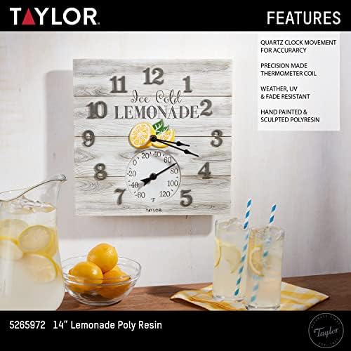 Taylor Lemonade Poly Resin Indoor and Outdoor Clock and Thermometer, Home Decor for Garden, Patio, Pool, and Indoor Areas, 14-inch, Multi-Color