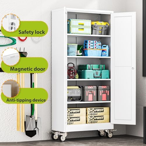 71-Inch Metal Garage Storage Cabinet with Wheels, Locking Doors and Shelves