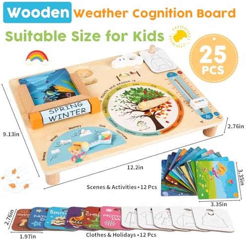 Wooden Weather Station Cognitive Board with 24 Cards, Climate Teaching Toy, Weather Board for Kids, Learning Daily Weather Condition Changes, Months Temperature & Seasons Toys for 3,4,5 Years Old
