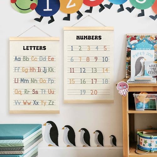 TLESKE Alphabet ABC Numbers Chart Poster Hanger Frame for Toddler Kid Classroom Set of 2, Homeschool Hanging Wall Art Decor for Nursery Playroom, Preschool Prek Learning Educational Poster, 16x24