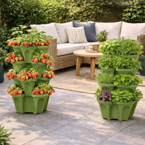 Strawberry Planter Tower, 4 Tier Stackable Vertical Planter, 16 Plant Sites, Space Saving Garden Planter, Indoor Outdoor, Made in USA (4, Sagebrush Green, Small)