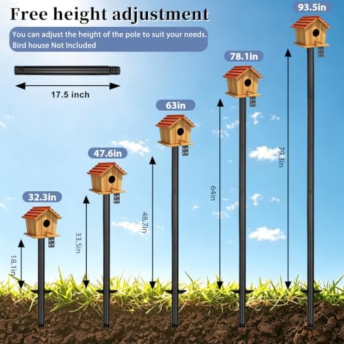 Bird Feeder Pole Heavy Duty 93.5" Tall, Rustproof Metal Birdhouse Pole with Barbed Spike, Tool-Free Threaded Assembly & Adjustable Height 32"-93.5" for Outdoor Birdhouse or Feeder
