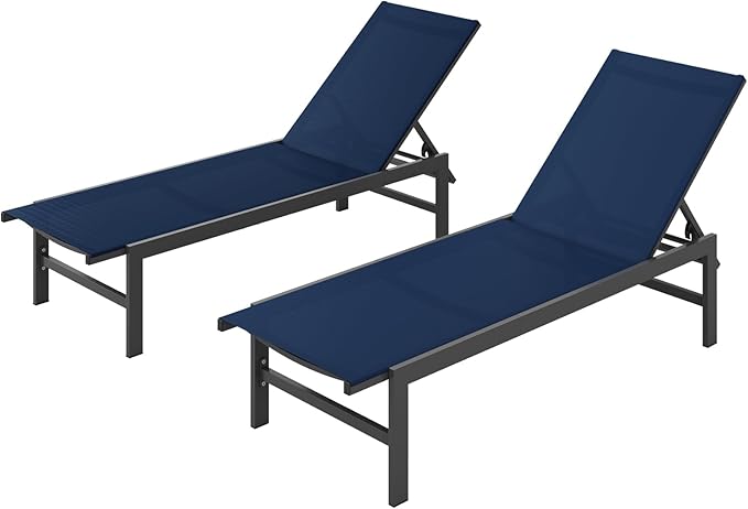 Outdoor Lounge Chairs Set of 2 for Pool, Aluminum Chaise Lounge Chairs with 5-Position Recliner, Patio Lounge Chair for Backyard, Poolside, Deck, Lawn, Navy Blue