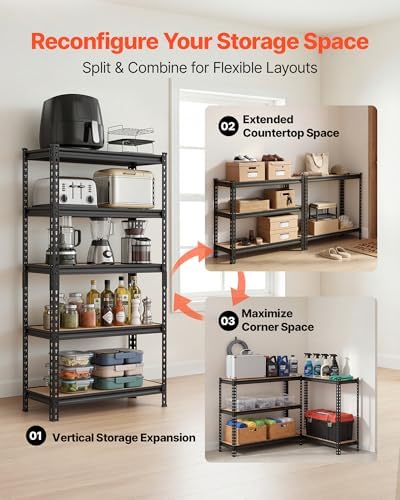 VEVOR Storage Shelves, 5-Tier Adjustable, 2000 lbs Capacity, Heavy Duty Garage Storage Shelving Unit, Metal Utility Rack Shelf, for Kitchen Pantry Basement Bathroom, 32.36" W x 16.34" D x 62.76" H