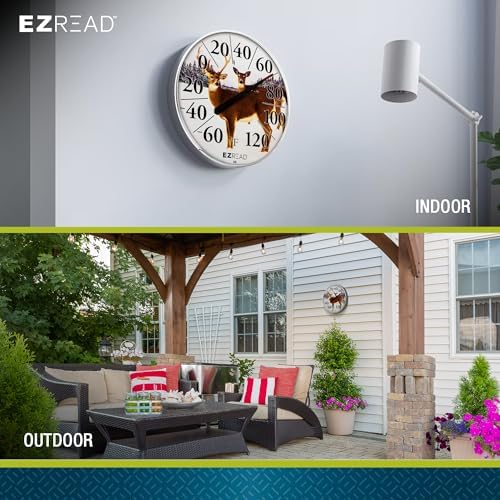 EZREAD Hanging Dial Thermometer 840-1226 Weather Thermometers for Indoor and Outdoor Use, Large 12.5 Inch Diameter, Easy to Read Numbers, Deer