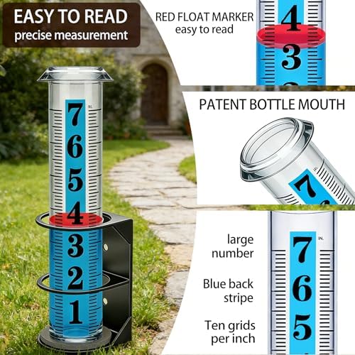 YZDTECH Rain Gauge Outdoor, 7" Easy to Read Rain Measure Gauge with Red Float, Rain Gauges Outdoors Best Rated with Metal Rack Holder, Large Freeze Proof Plastic Replacement Tube for Yard Garden