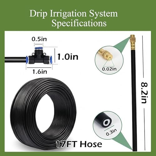 360° Adjustable Drip Irrigation System - 17FT Garden Watering System with 5 Nozzles, Garden Irrigation System, Greenhouse Accessories, Atomizing System for Yard, Lawn, Plants, 5/16 inch Hose
