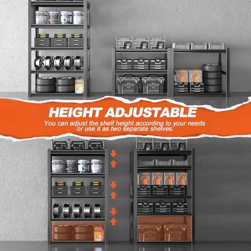 Metal Garage Shelving Unit, Heavy Duty Adjustable Industrial Storage Shelves, Steel Storage Rack for Garage, Warehouse, Basement, Black, 72" H x 47.2" W x 23.6" D, 5 Pack