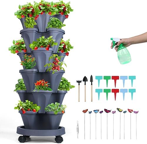 GameXcel Vertical Planter Tower - 6 Tier Stackable Garden Planters with Wheels and Garden Tool Set Plant Pots for Strawberry Herb Flower and Vegetable Indoor Outdoor Use Dark Gray