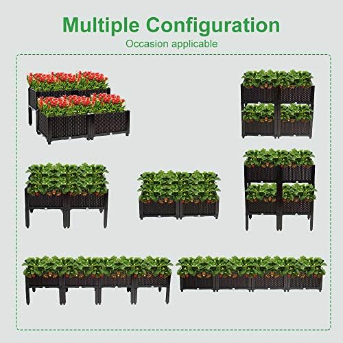VINGLI Square Raised Garden Bed, Self-Watering Plastic Planter for Indoor Outdoor Vegetables, Fruits, Potato, Flowers, All Weather (4 Pcs)