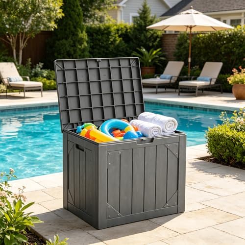 Outdoor Storage Box,30 Gallon Deck Box Outdoor Storage Bench Outside Waterproof Resin Storage Bench, Lockable Patio Cushions, Garden Tools Storage For Furniture, UV Resistant(Gray