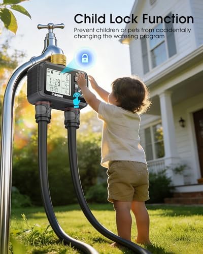 Insoma Water Timer with Brass Inlet & Outlet, 2 Independent Zones Outdoor Hose Timer for Garden Faucet with Auto/Manual/Rain Delay Mode, Sprinkler Irrigation Controller for Yard Lawn