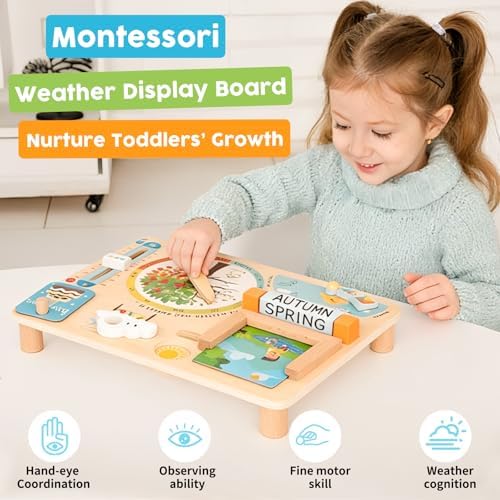 Wooden Weather Station Cognitive Board with 24 Cards, Climate Teaching Toy, Weather Board for Kids, Learning Daily Weather Condition Changes, Months Temperature & Seasons Toys for 3,4,5 Years Old