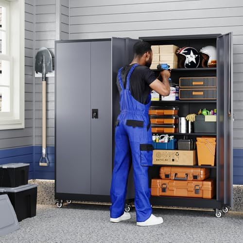 Yizosh Metal Garage Storage Cabinet with Locking Doors and Adjustable Shelves,- 75" Rolling Steel Tool Cabinet for Home Office,Garage,Warehouse